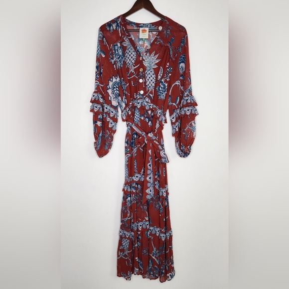 FARM Rio Tropical Landing Red Longsleeve Maxi Dress Medium Bohemian Resortwear - Picture 4 of 16